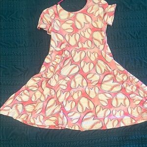 Girls' Pink Heart Baseball Print Twirl Dress - Casual